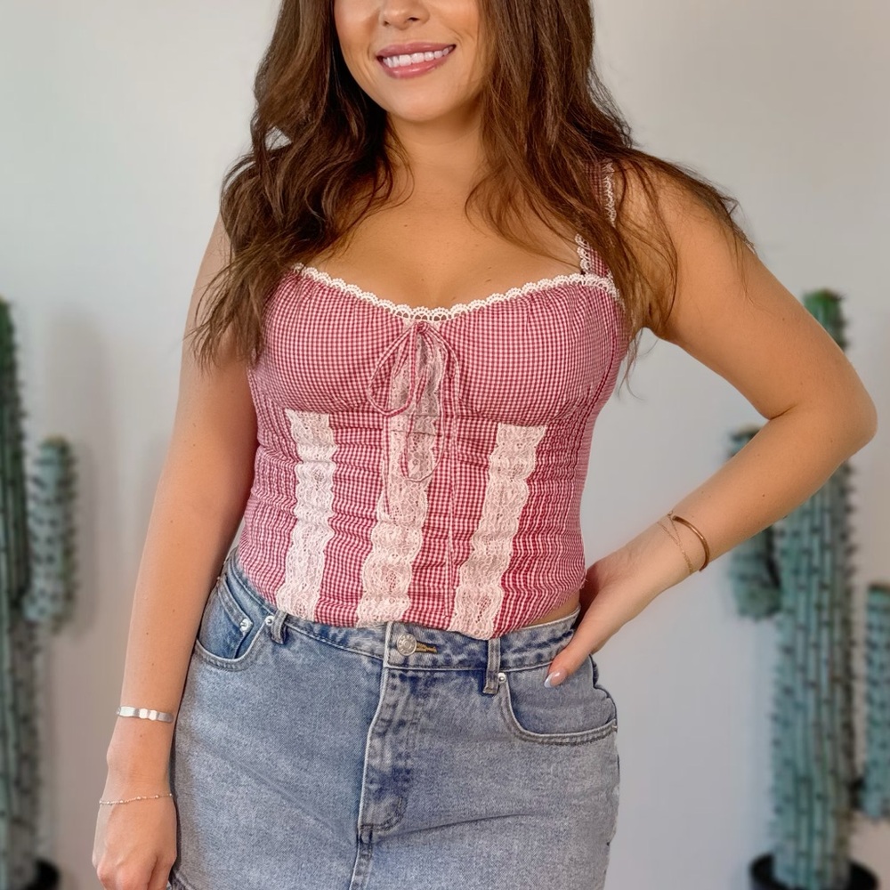 Women's Red Gingham Lace Trim Top
